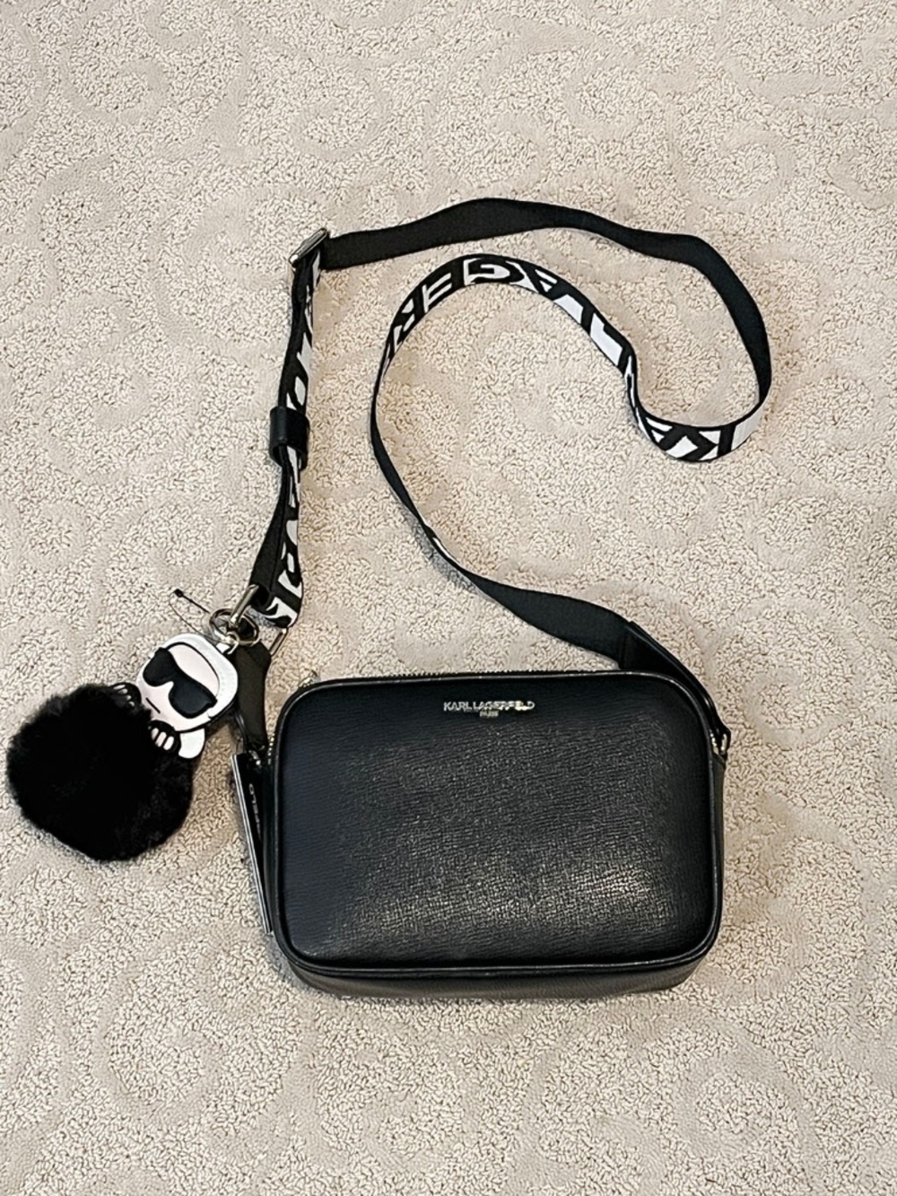 Karl Lagerfeld Paris "Maybelle" Black Camera Crossbody Bag with Pom Pom Charm